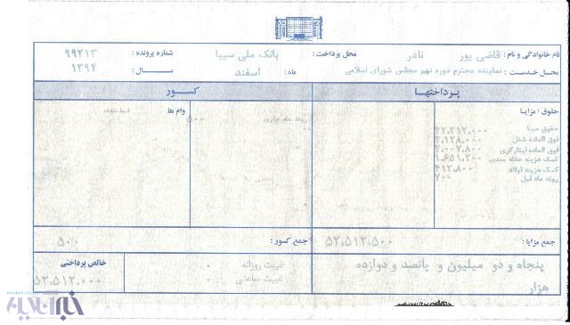 عکس: فیش حقوقی یک نماینده مجلس