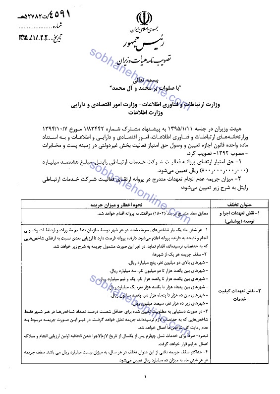 دولت میزان جریمه تخلفات «رایتل» را تعیین کرد +سند