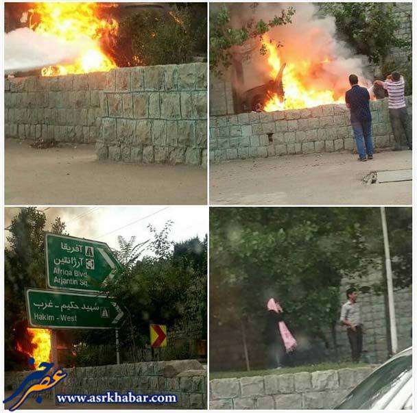 تصادف وحشتناک و حریق 206 در اتوبان مدرس تهران (عکس)