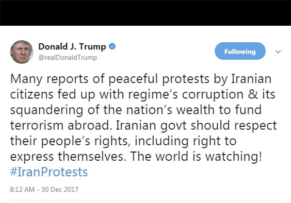توییت ترامپ در حمایت از تجمعات اعتراضی در برخی شهرهای ایران