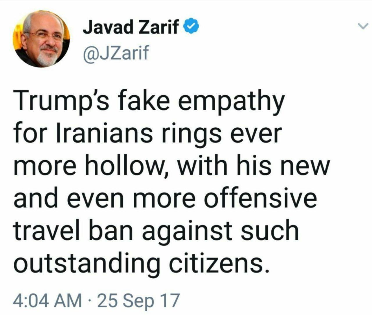واکنش ظریف به تمدید قانون ضد ایرانی آمریکا: همدلی دروغین ترامپ با ایرانیان توخالی است