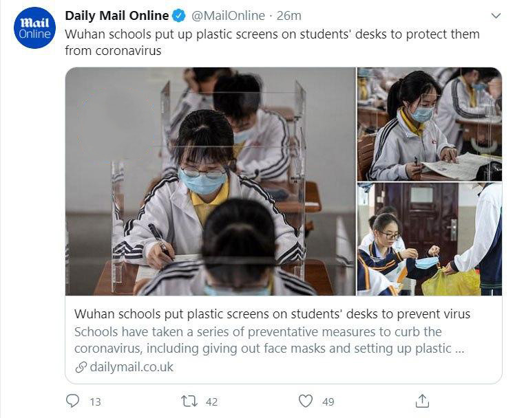 محافظ‌های پلاستیکی در مدارس ووهان علیه کرونا(+ توئیتر)