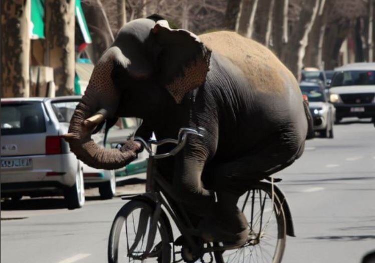 دوچرخه‌سواری یک فیل در خیابان‌های تهران! / عکس