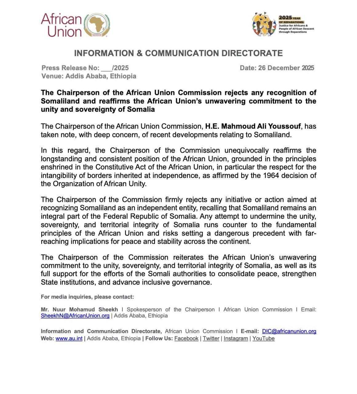 بیانیه شدیداللحن سومالی درباره اقدام نتانیاهو / اتحادیه آفریقا هیچ‌گونه اعترافی را نمی‌پذیرد