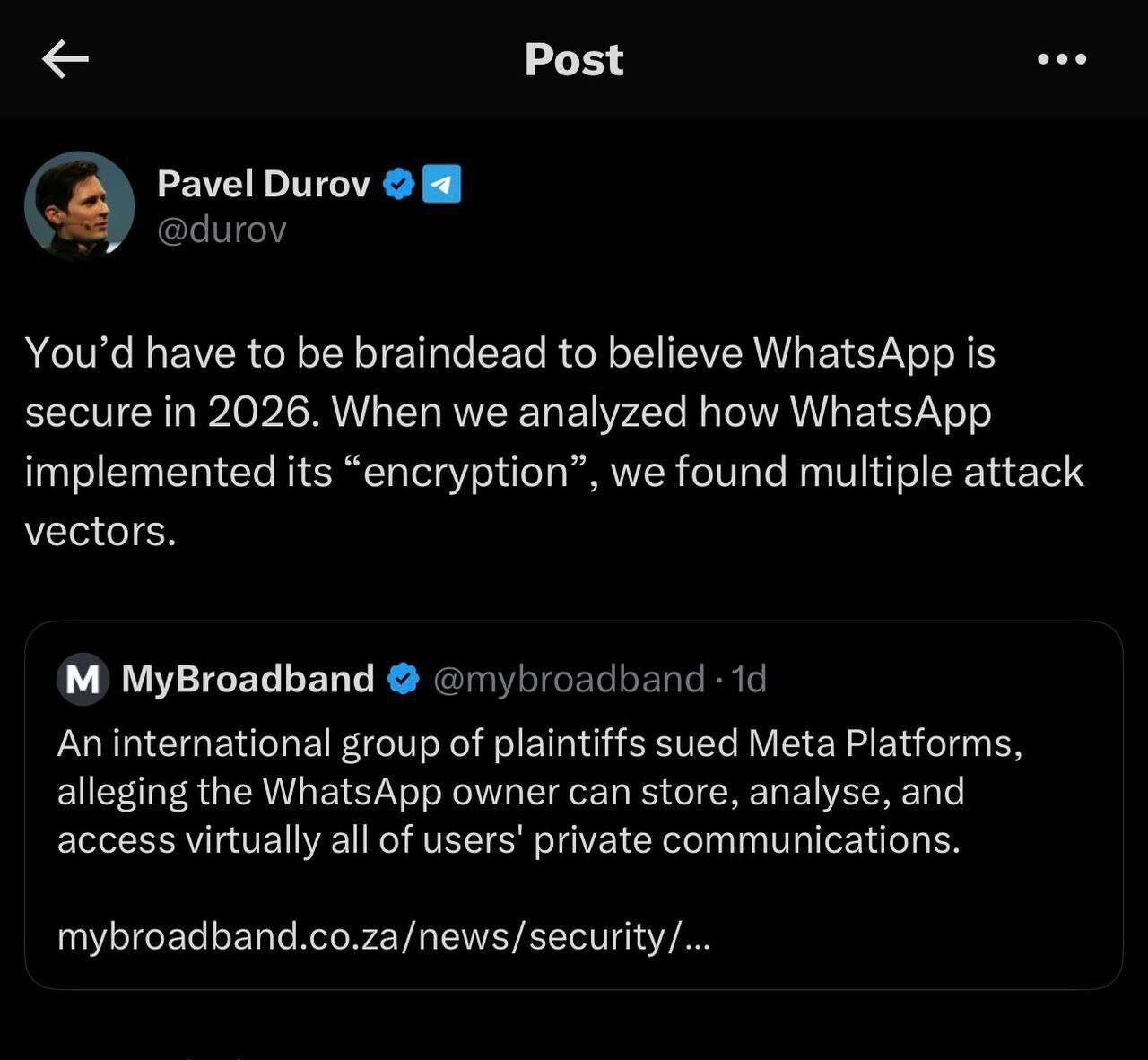 مالک تلگرام: واتس‌اپ در سال ۲۰۲۶ امن نیست!