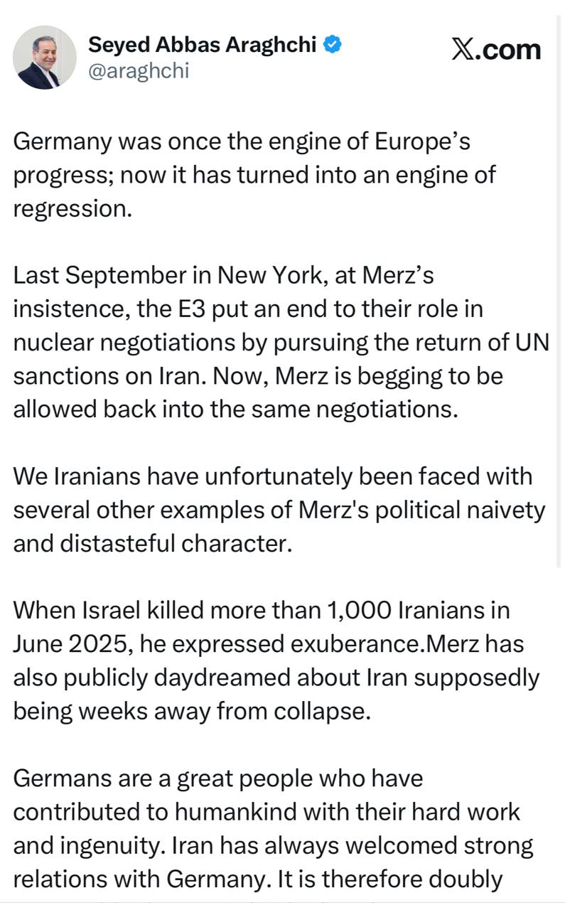 واکنش عراقچی به مواضع سینوسی صدراعظم آلمان