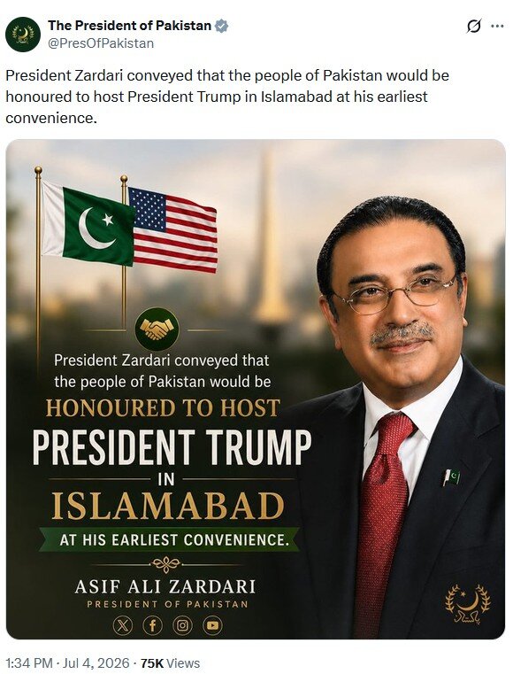 دعوت رسمی پاکستان از ترامپ برای سفر به اسلام‌آباد/ زرداری: مردم پاکستان مفتخر به میزبانی از رئیس‌جمهور آمریکا خواهند بود + عکس