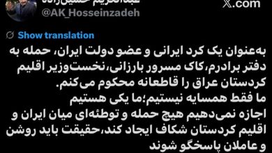 واکنش معاون پزشکیان به حمله به دفتر مسرور بارزانی/ اجازه نمی‌دهیم هیچ توطئه‌ای میان ایران و اقلیم کردستان شکاف ایجاد کند/ حقیقت باید روشن شود